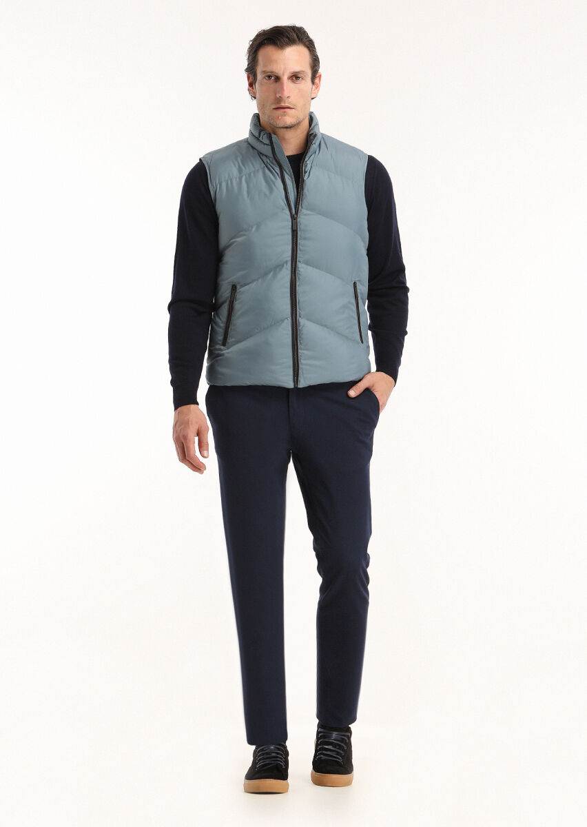 Blue Regular Fit Turtleneck Casual Weaving Puffer Vest - 1