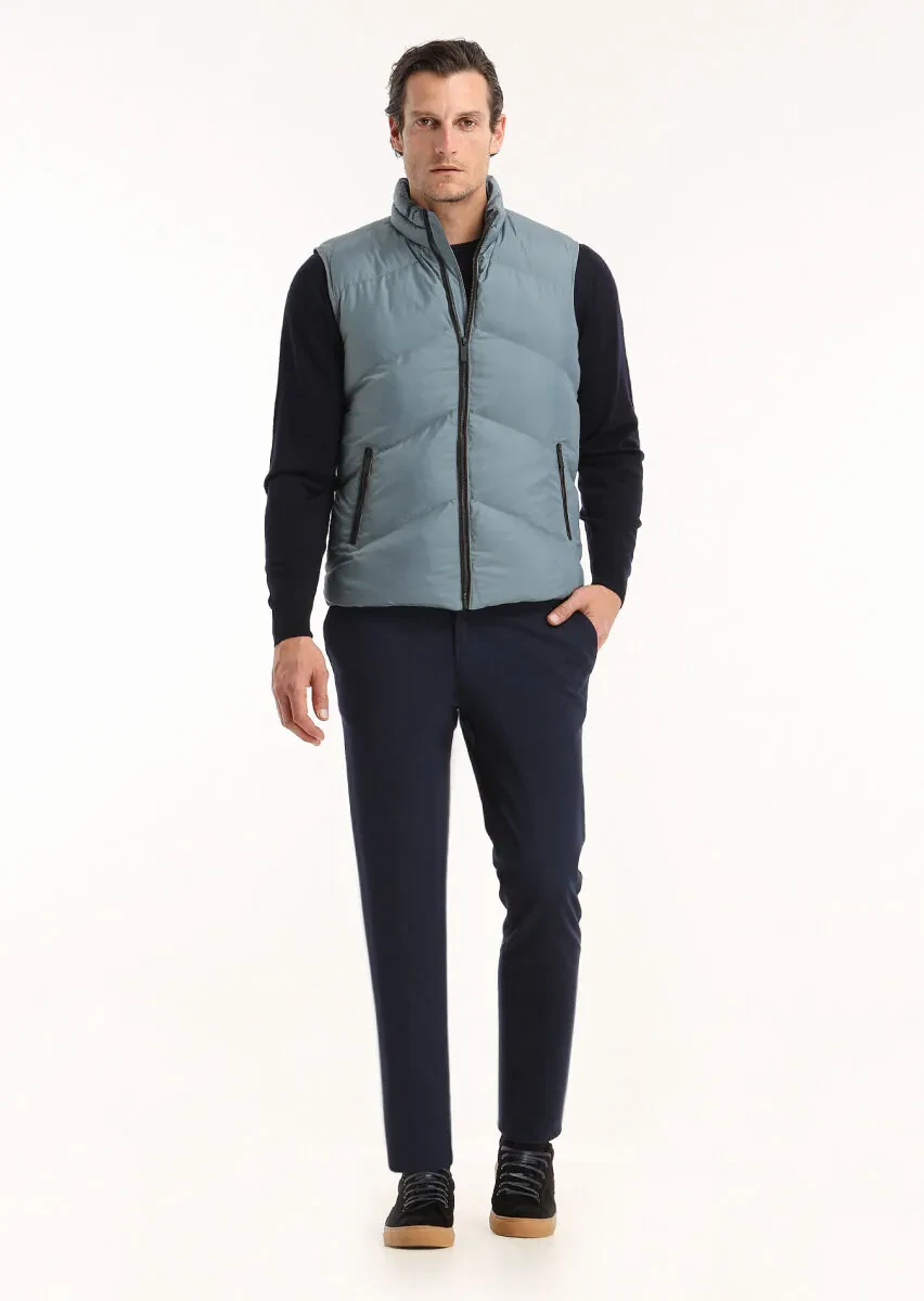 Blue Regular Fit Turtleneck Casual Weaving Puffer Vest - 1