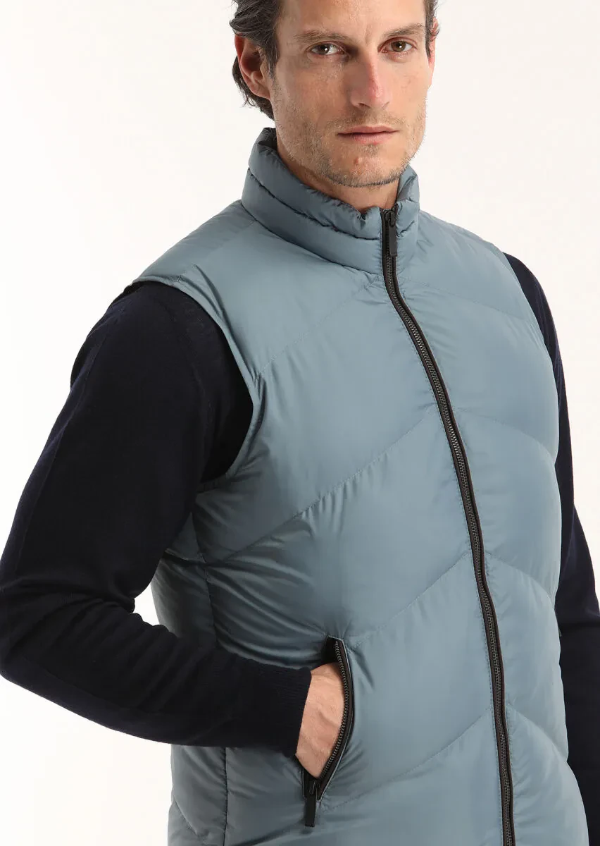 Blue Regular Fit Turtleneck Casual Weaving Puffer Vest - 3