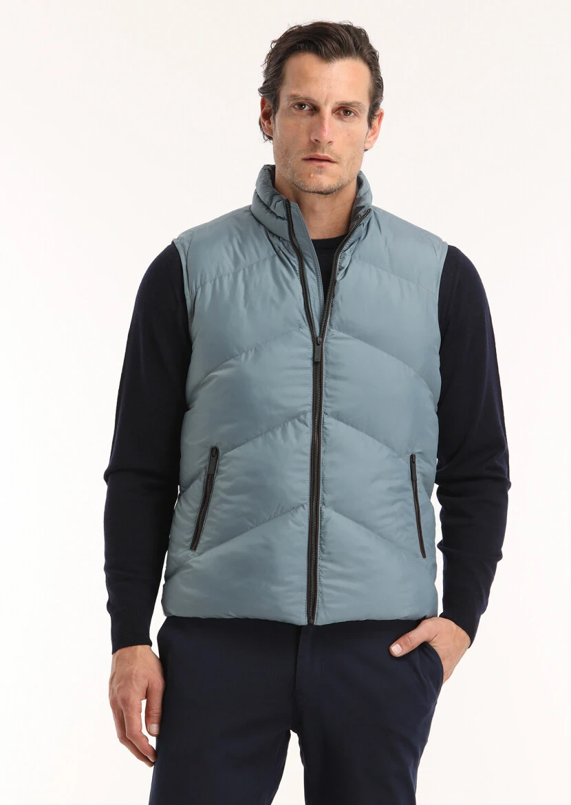 Blue Regular Fit Turtleneck Casual Weaving Puffer Vest - 4