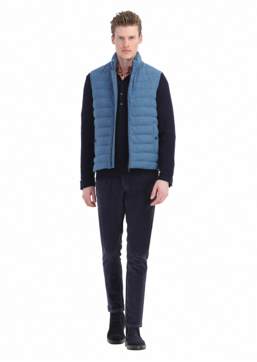 Blue Regular Fit Turtleneck Casual Weaving Puffer Vest 