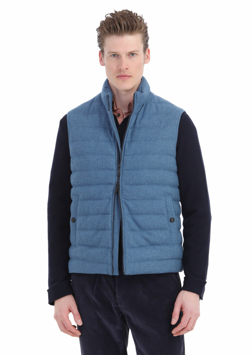 Blue Regular Fit Turtleneck Casual Weaving Puffer Vest - 3