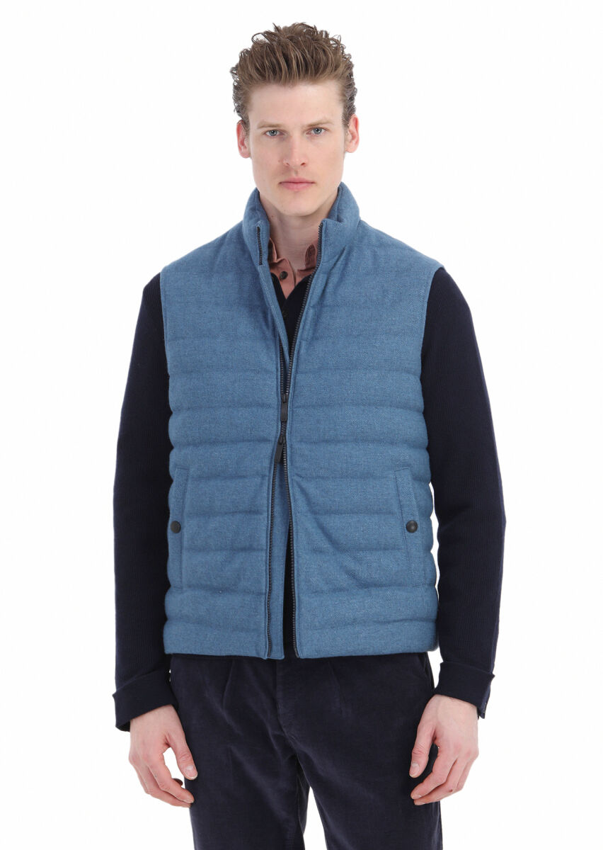 Blue Regular Fit Turtleneck Casual Weaving Puffer Vest - 3