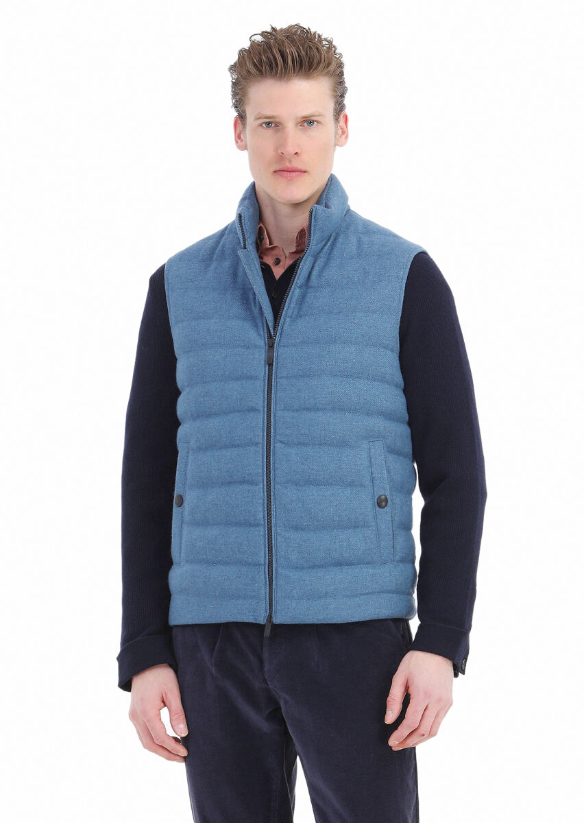 Blue Regular Fit Turtleneck Casual Weaving Puffer Vest - 4