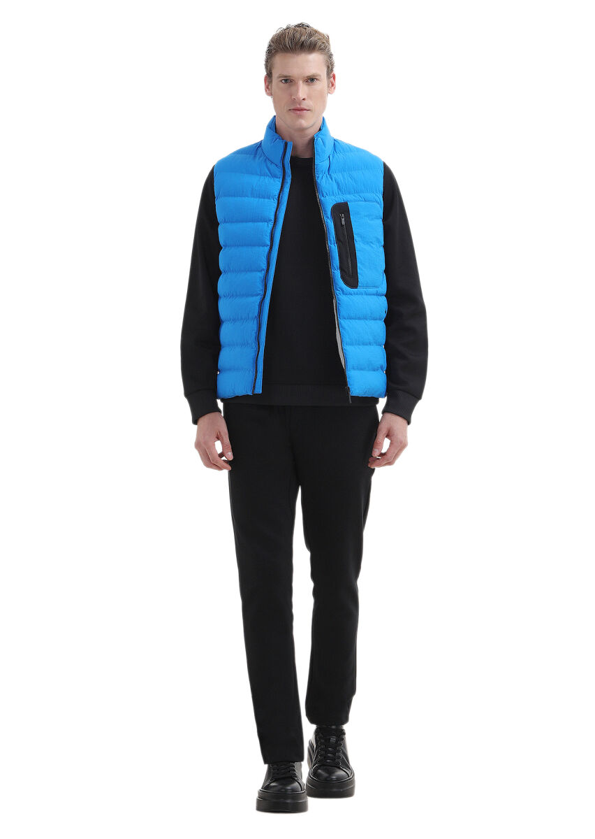Blue Regular Fit Turtleneck Casual Weaving Puffer Vest - 2