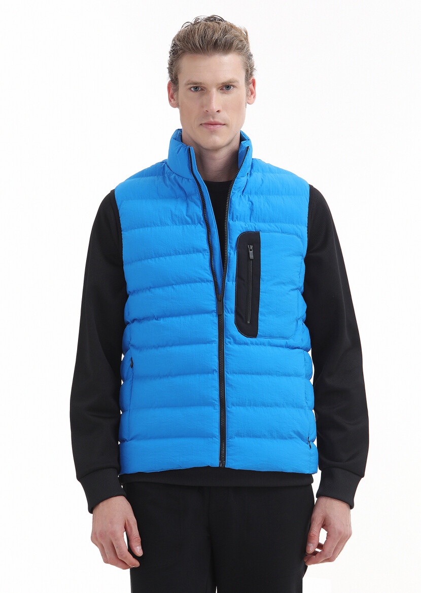 Blue Regular Fit Turtleneck Casual Weaving Puffer Vest - 3