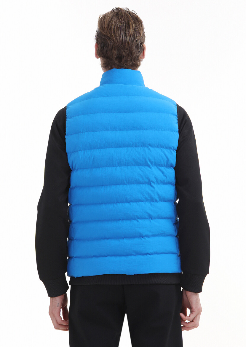 Blue Regular Fit Turtleneck Casual Weaving Puffer Vest - 5