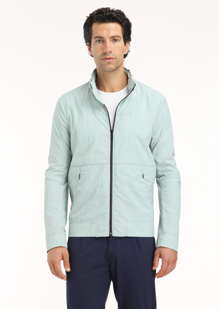 Blue Regular Fit Turtleneck Casual Weaving Removable Hood Coat 