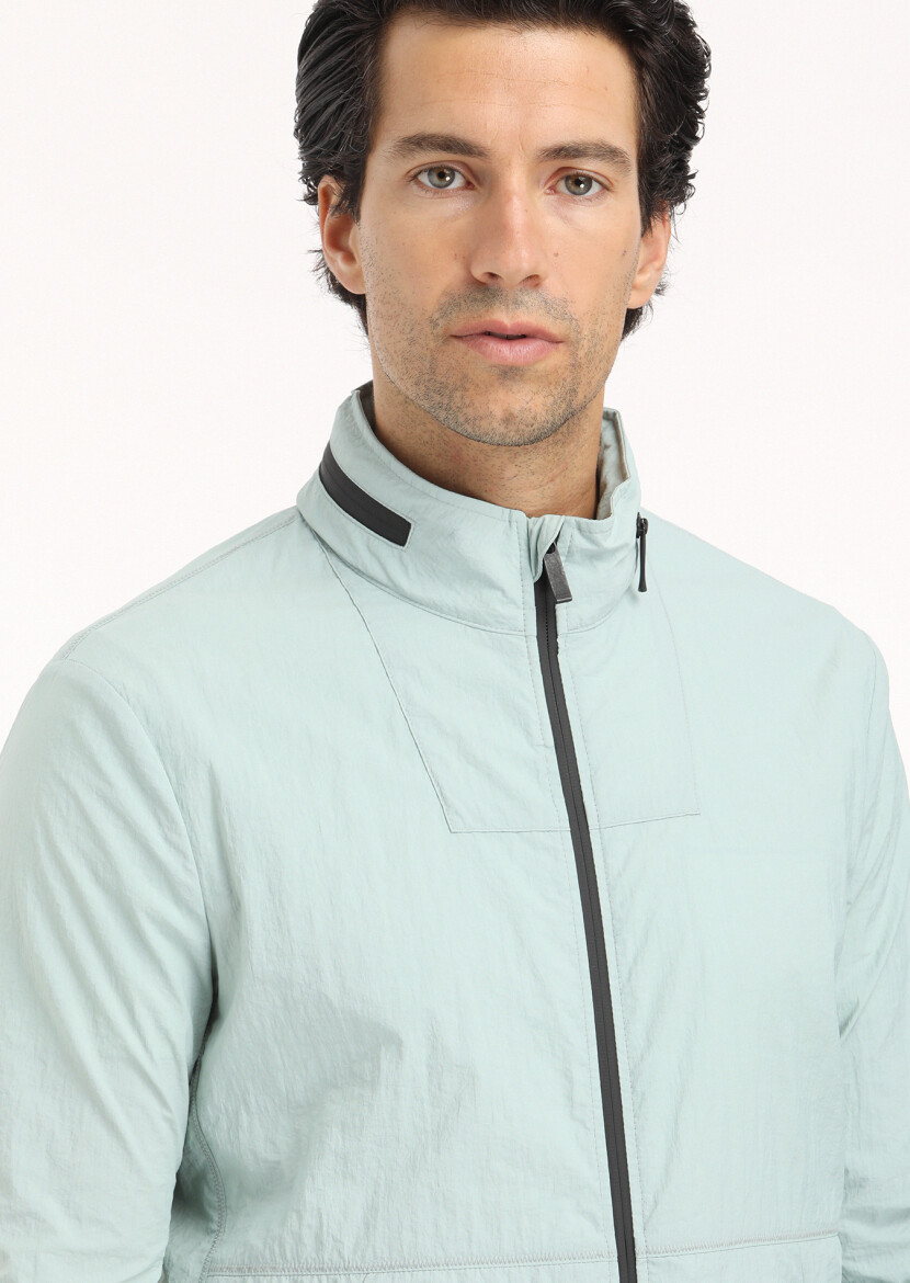 Blue Regular Fit Turtleneck Casual Weaving Removable Hood Coat - 3