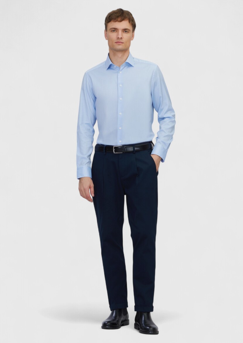 Blue Regular Fit Weaving Classical 100% Cotton Shirt - RAMSEY