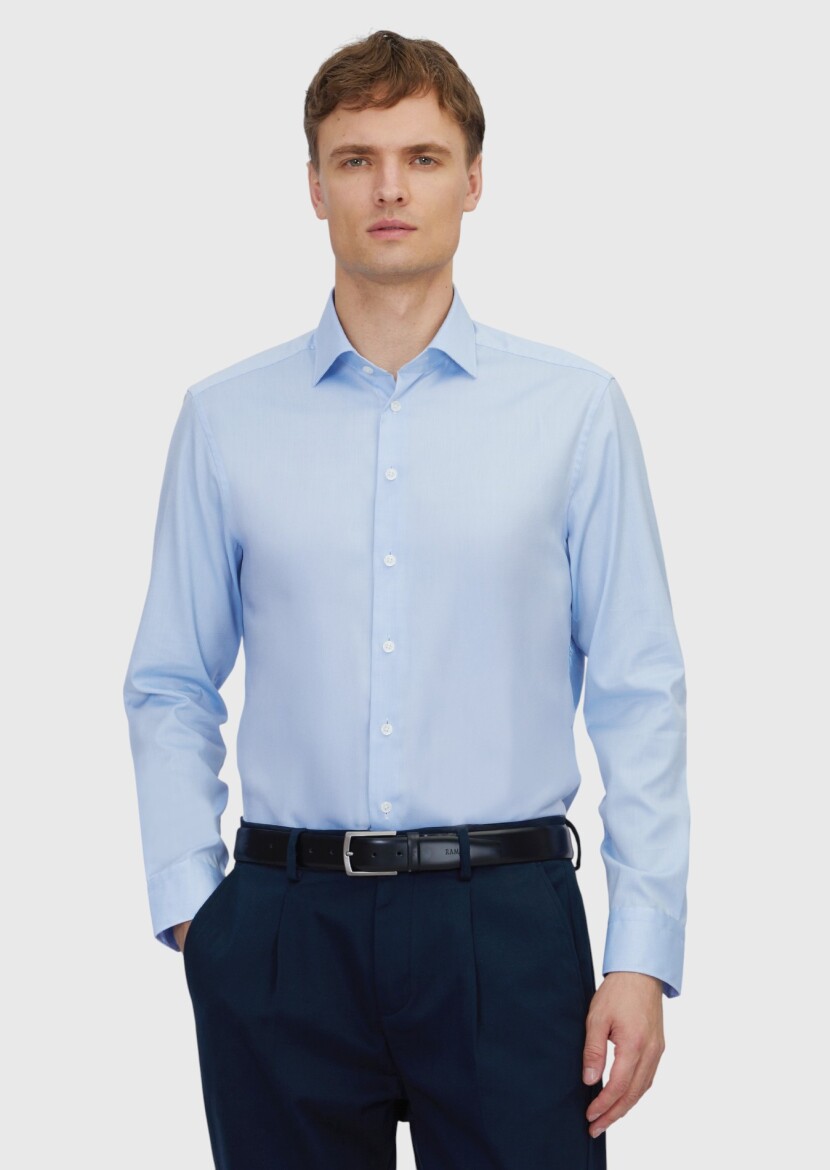 Blue Regular Fit Weaving Classical 100% Cotton Shirt - 1