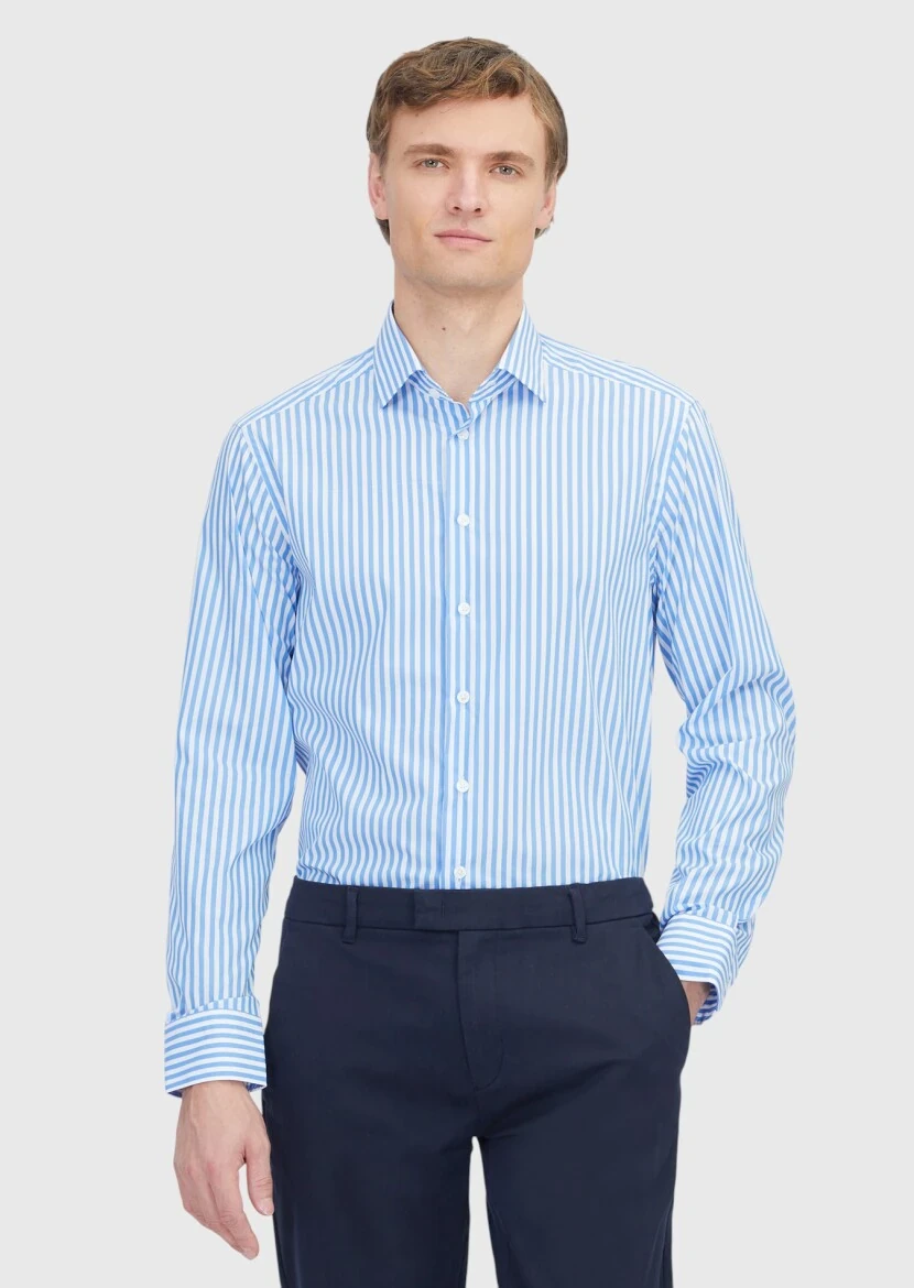 Blue Regular Fit Weaving Classical Cotton Blended Shirt - 1
