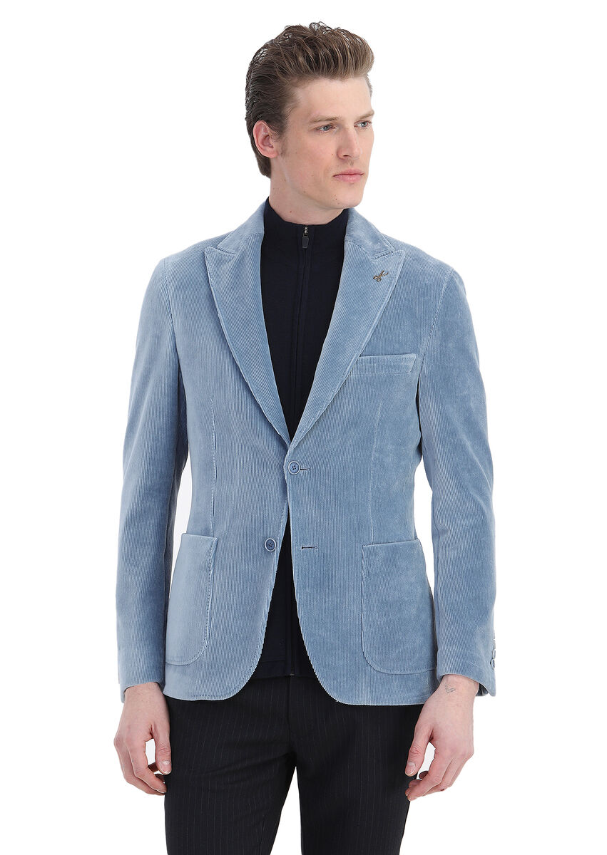 Blue Ribbed Shirt Shoulder Slim Fit Cotton Blended Jacket - 3