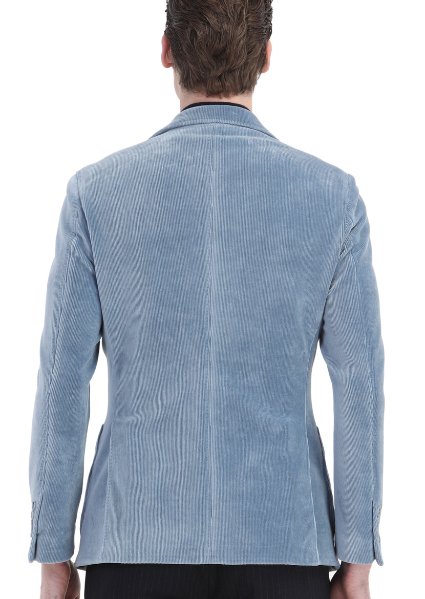 Blue Ribbed Shirt Shoulder Slim Fit Cotton Blended Jacket - 7