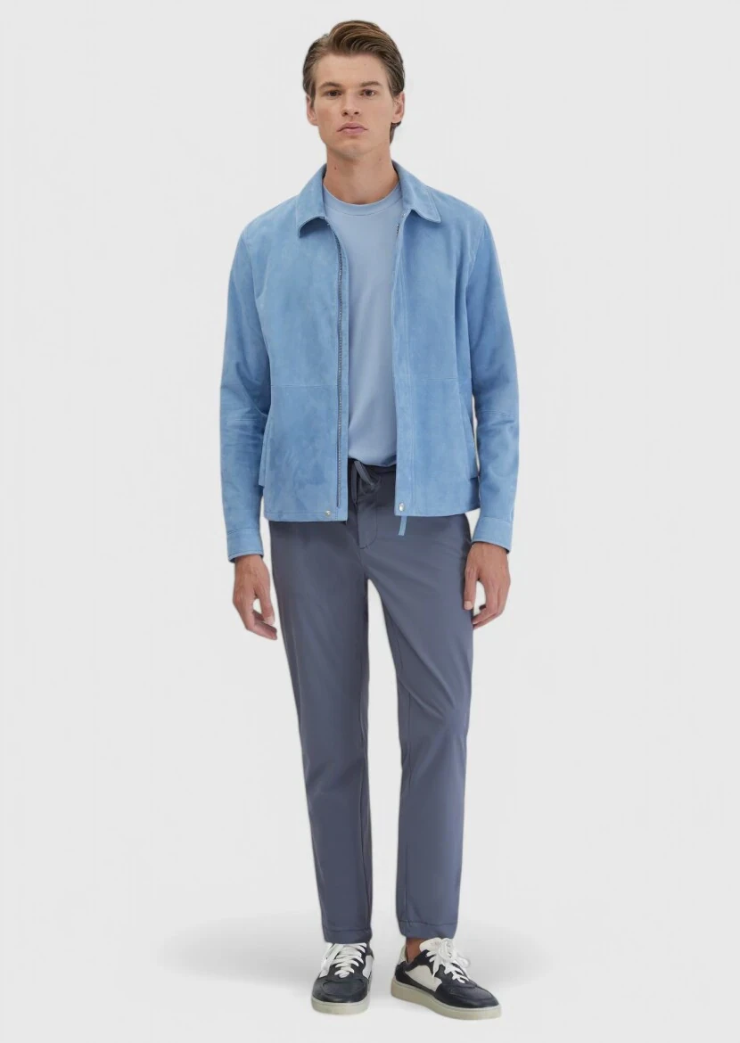 Blue Shirt Collar Casual Leather Coat - 2