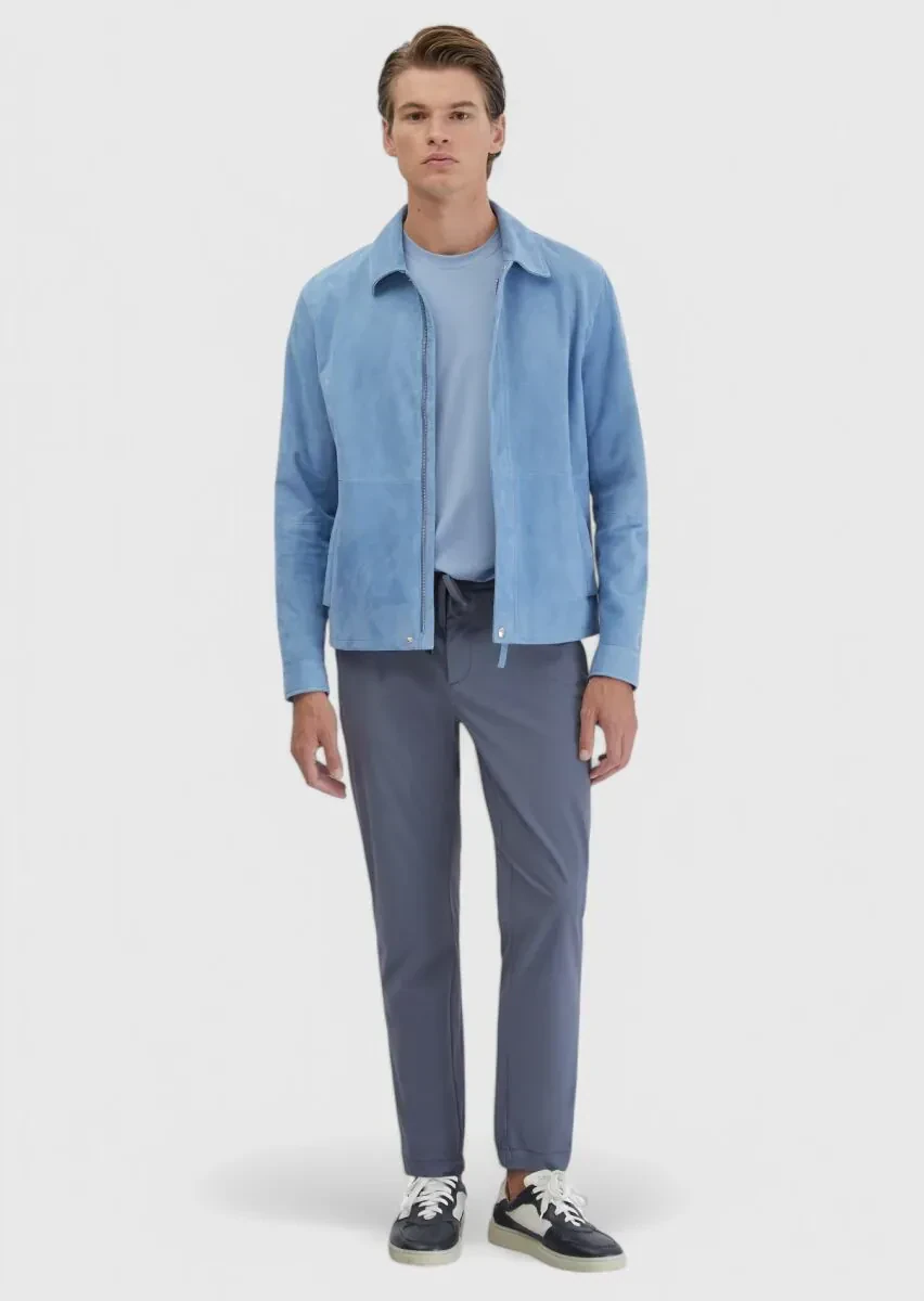 Blue Shirt Collar Casual Leather Coat - 2