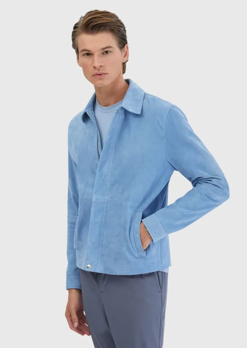 Blue Shirt Collar Casual Leather Coat - 4