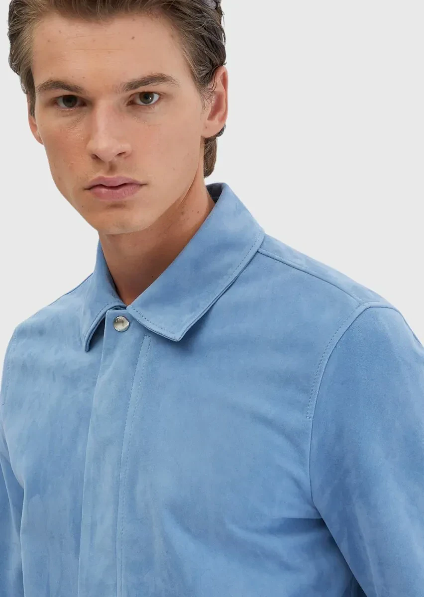 Blue Shirt Collar Casual Leather Coat - 5
