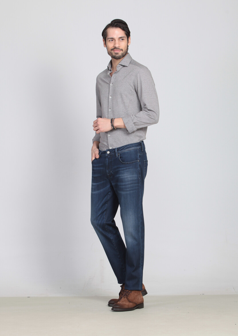 Blue Slim Fit Denim Cotton Blended Trousers - 2