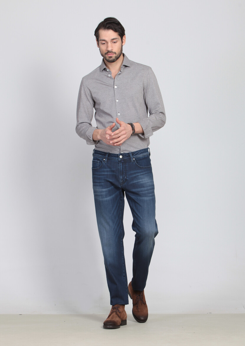 Blue Slim Fit Denim Cotton Blended Trousers - 3