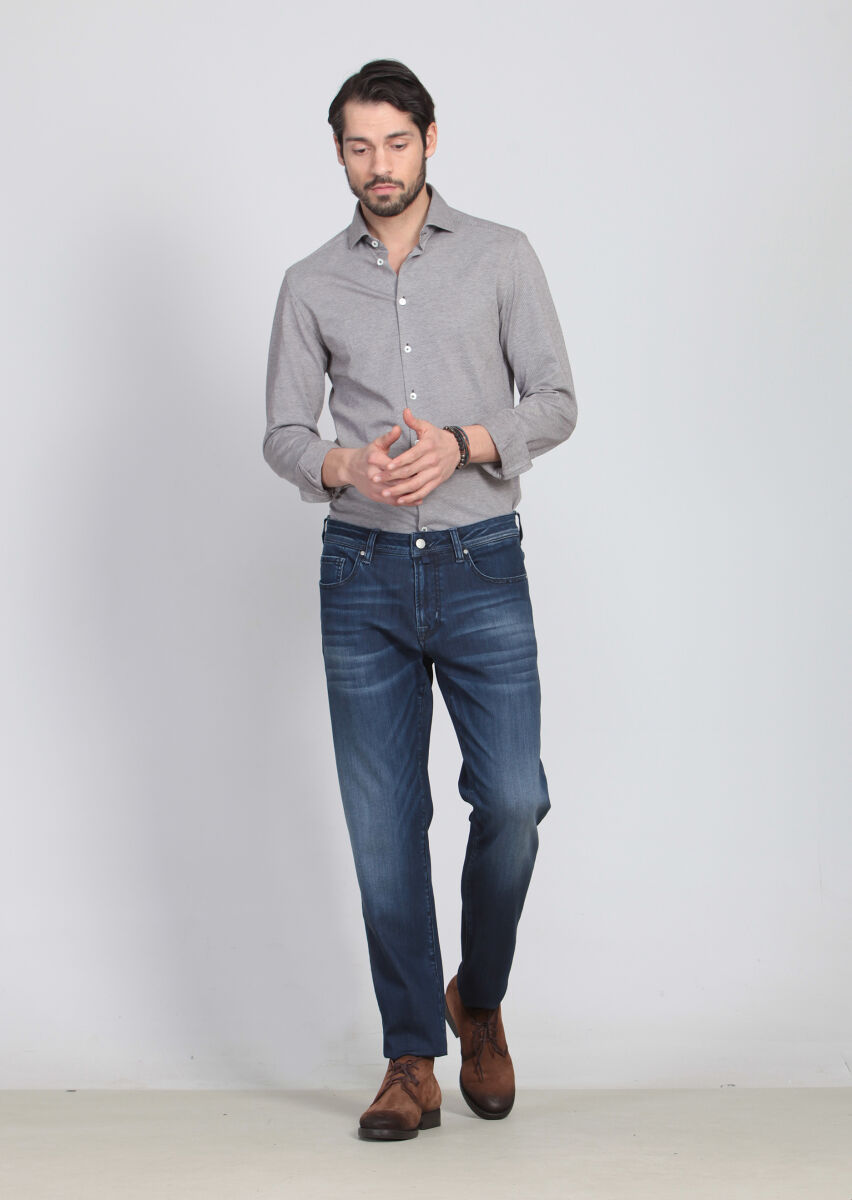 Blue Slim Fit Denim Cotton Blended Trousers - 3