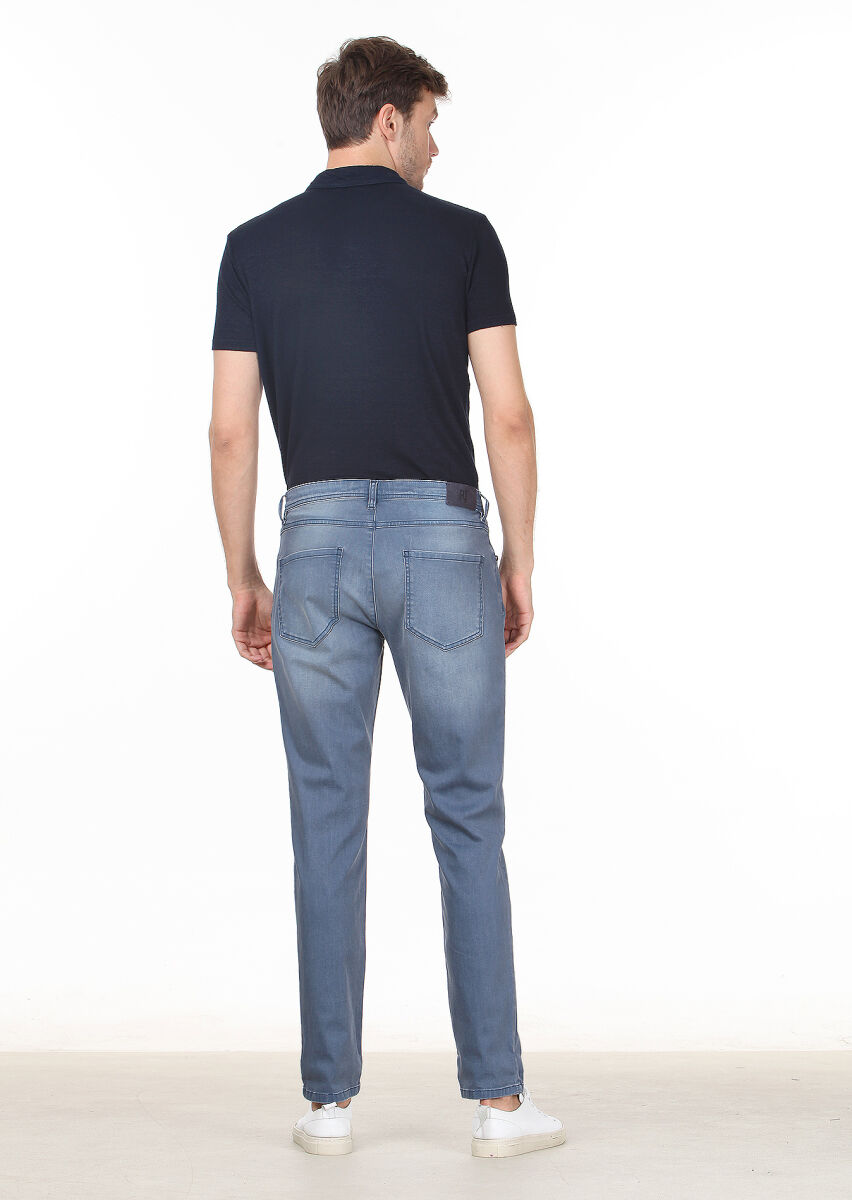 Blue Slim Fit Denim Cotton Blended Trousers - 3