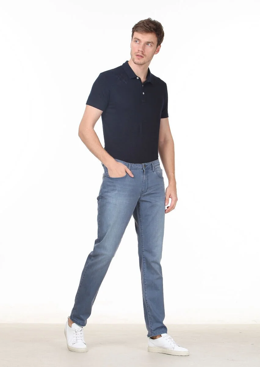 Blue Slim Fit Denim Cotton Blended Trousers - 1