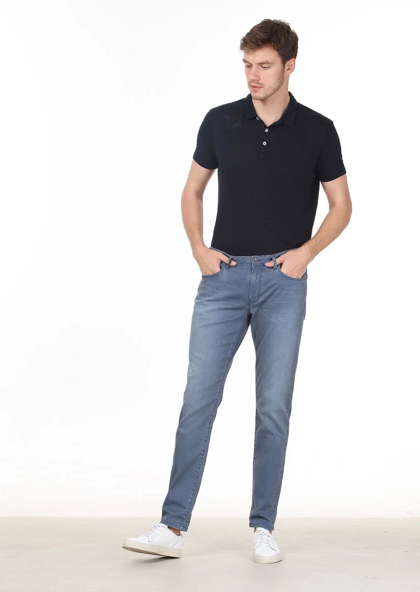 Blue Slim Fit Denim Cotton Blended Trousers - 2