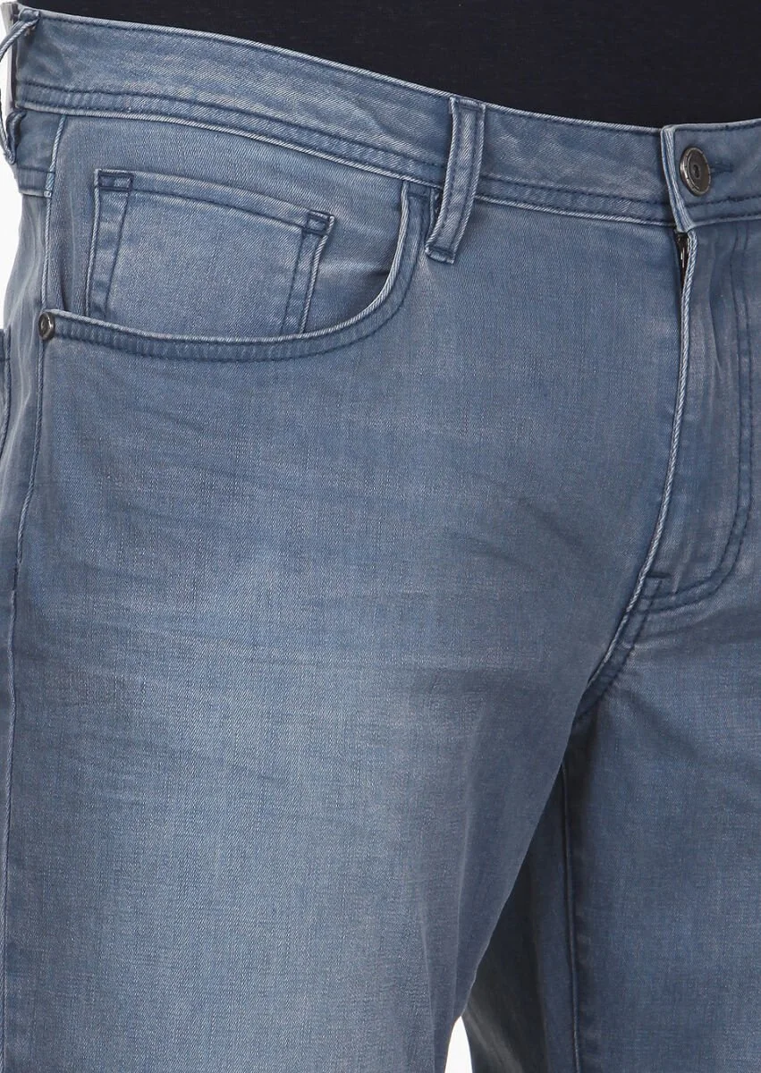 Blue Slim Fit Denim Cotton Blended Trousers - 3