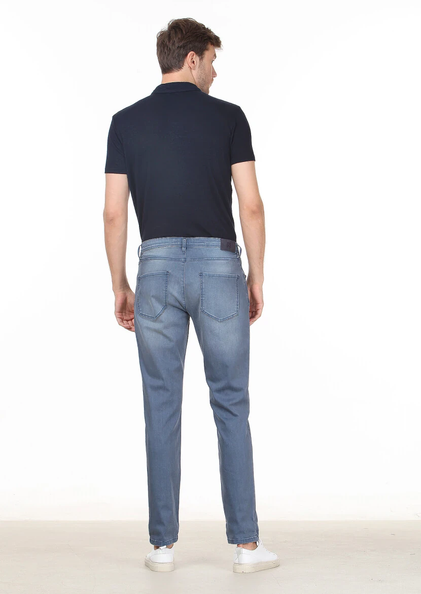 Blue Slim Fit Denim Cotton Blended Trousers - 4