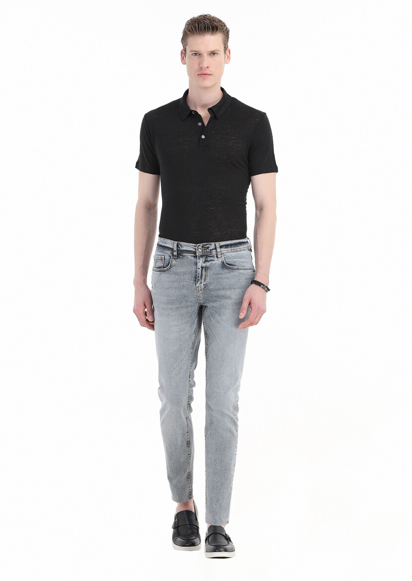 Blue Slim Fit Denim Cotton Blended Trousers - 1