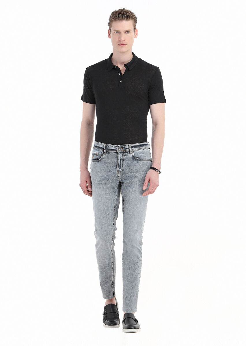 Blue Slim Fit Denim Cotton Blended Trousers - 1