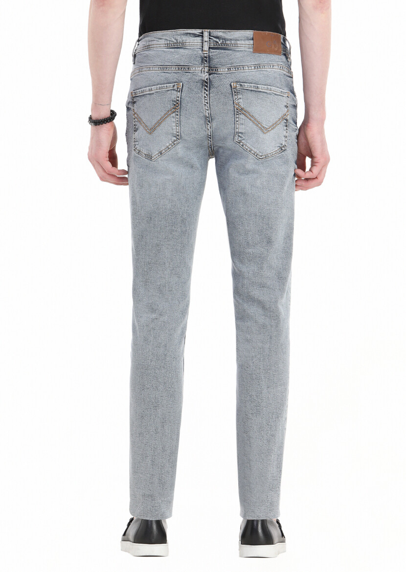 Blue Slim Fit Denim Cotton Blended Trousers - 4