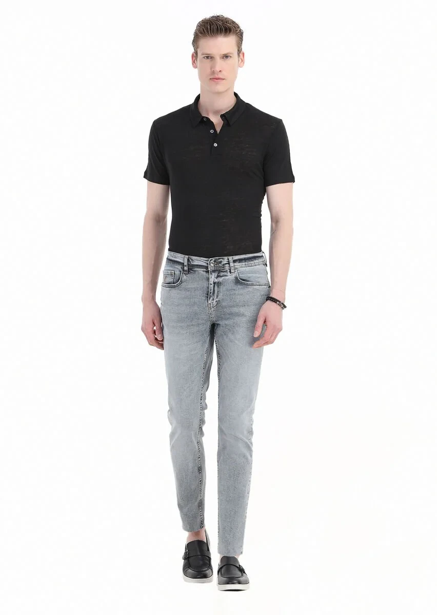 Blue Slim Fit Denim Cotton Blended Trousers - 1