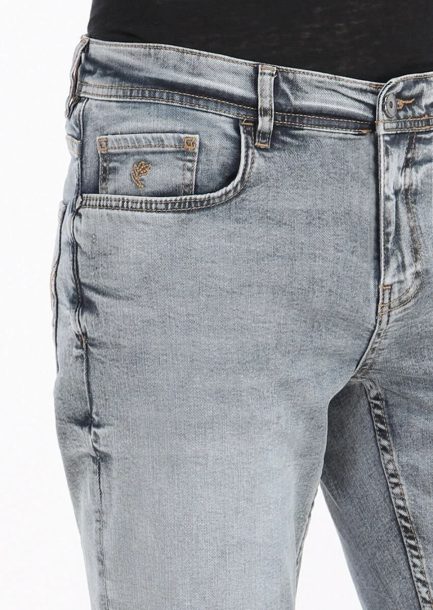 Blue Slim Fit Denim Cotton Blended Trousers - 4