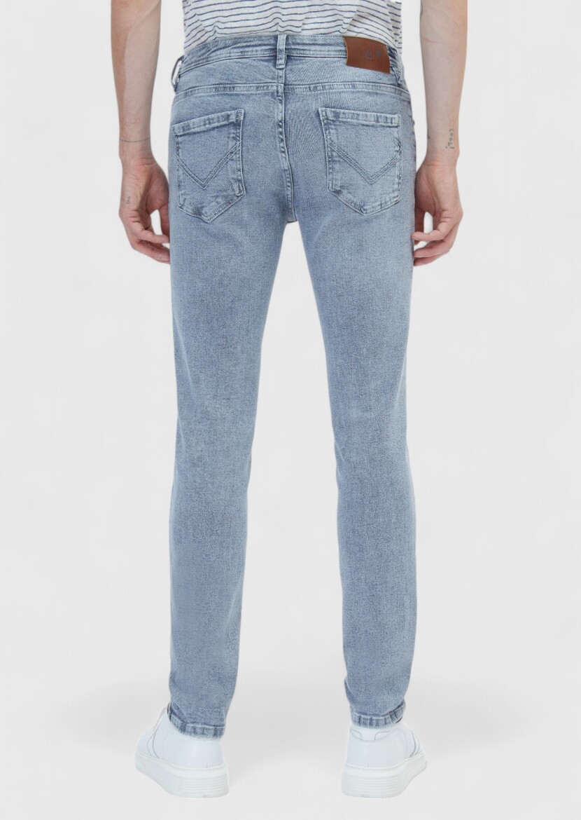 Blue Slim Fit Denim Cotton Blended Trousers - 4