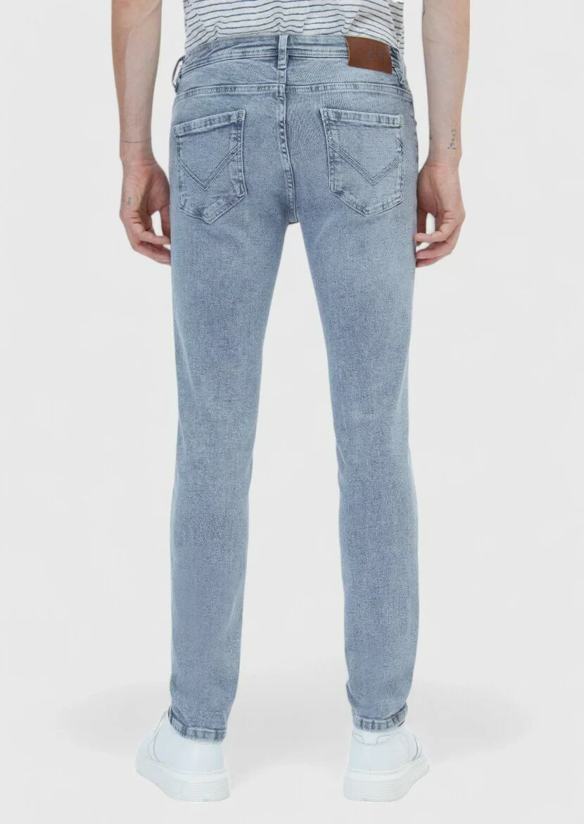Blue Slim Fit Denim Cotton Blended Trousers - 4