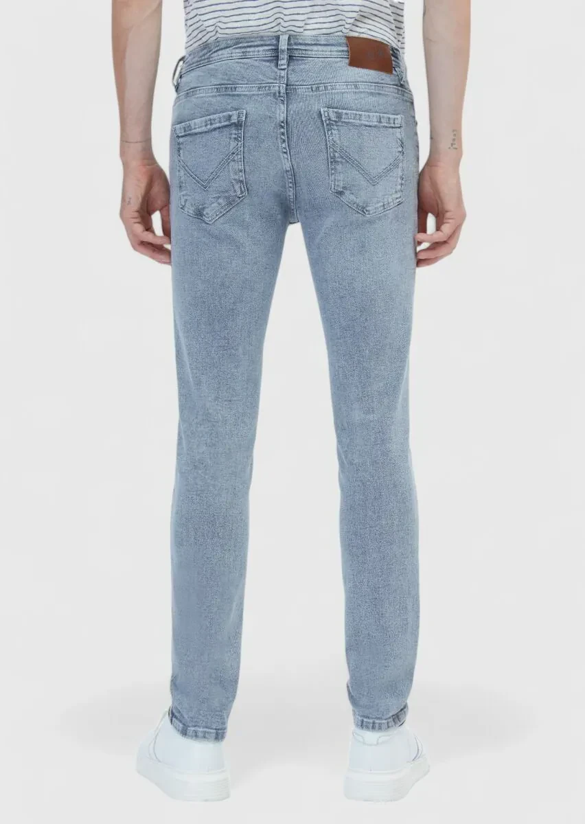 Blue Slim Fit Denim Cotton Blended Trousers - 4