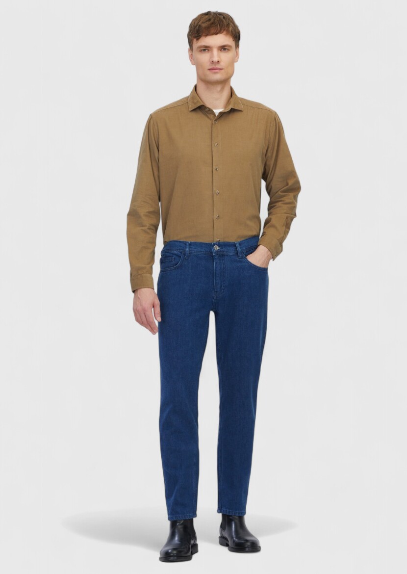 Blue Slim Fit Denim Cotton Blended Trousers - RAMSEY