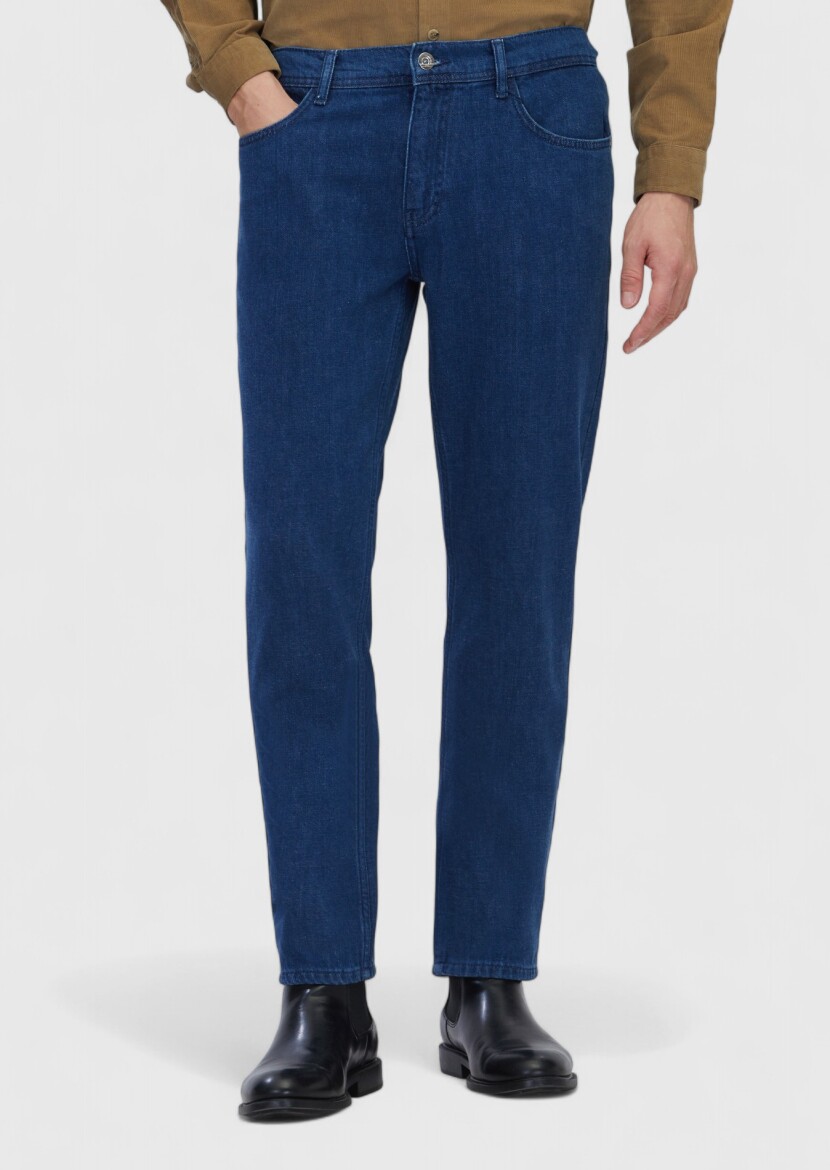 Blue Slim Fit Denim Cotton Blended Trousers - RAMSEY