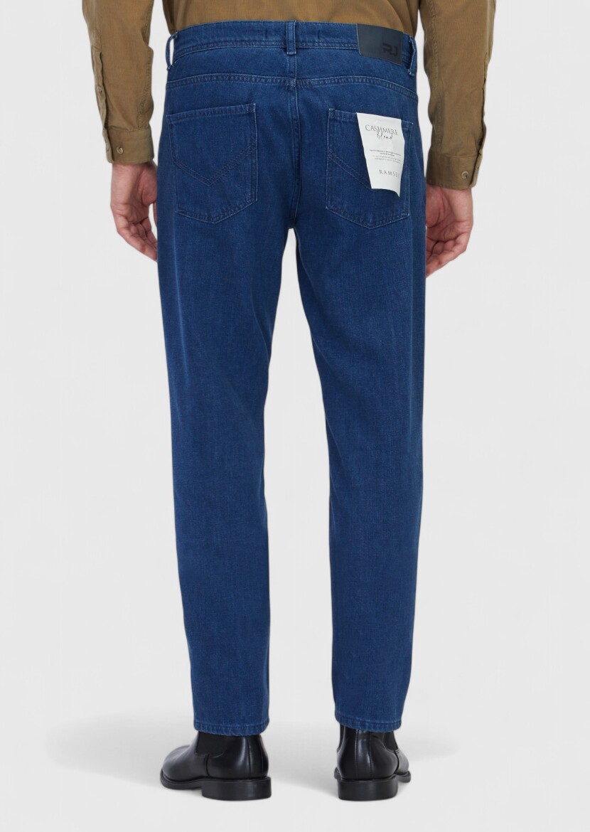 Blue Slim Fit Denim Cotton Blended Trousers - 5