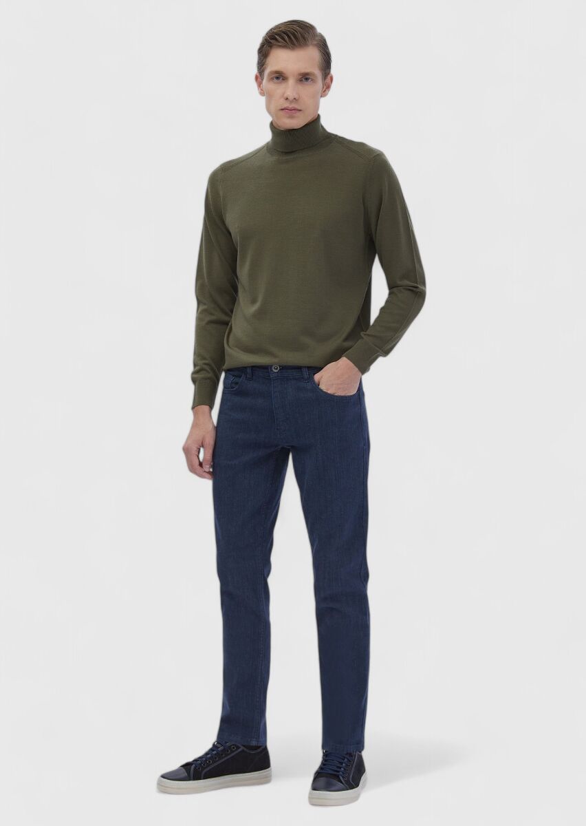 Blue Slim Fit Denim Cotton Blended Trousers - 1