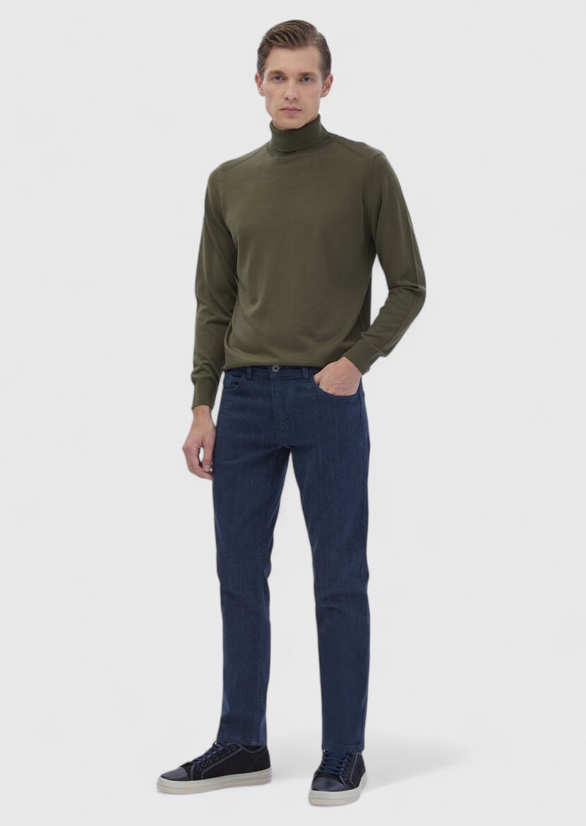 Blue Slim Fit Denim Cotton Blended Trousers 