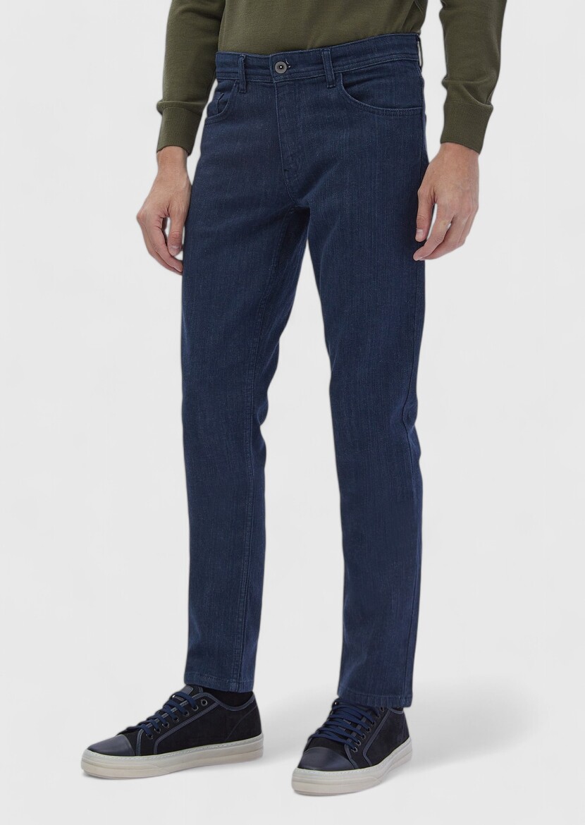 Blue Slim Fit Denim Cotton Blended Trousers - 3