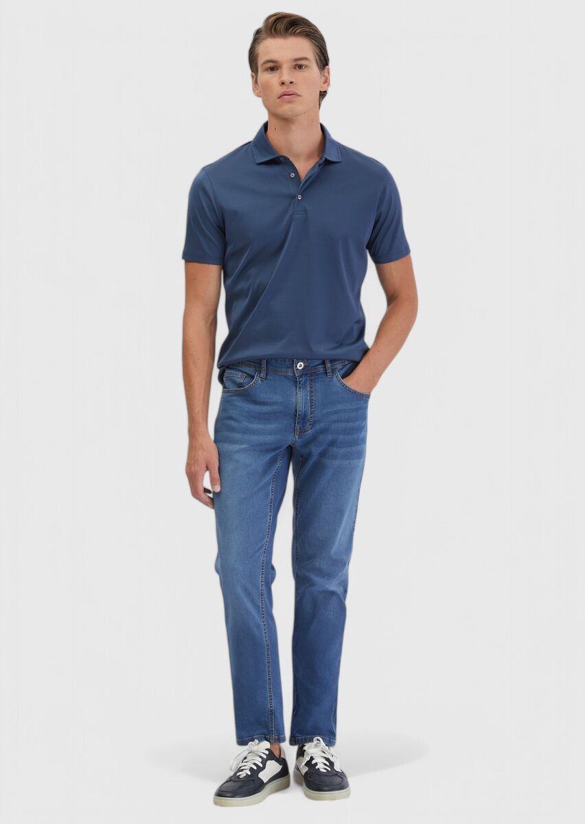 Blue Slim Fit Denim Cotton Blended Trousers - 1