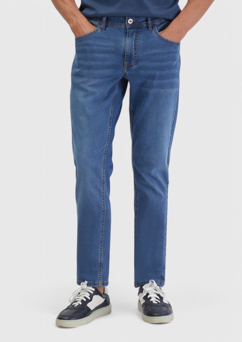 Blue Slim Fit Denim Cotton Blended Trousers - 2