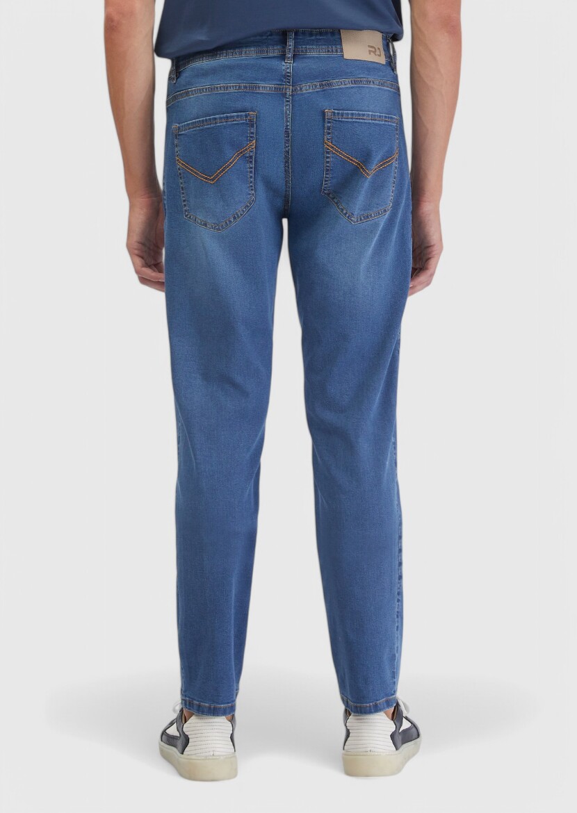 Blue Slim Fit Denim Cotton Blended Trousers - 4