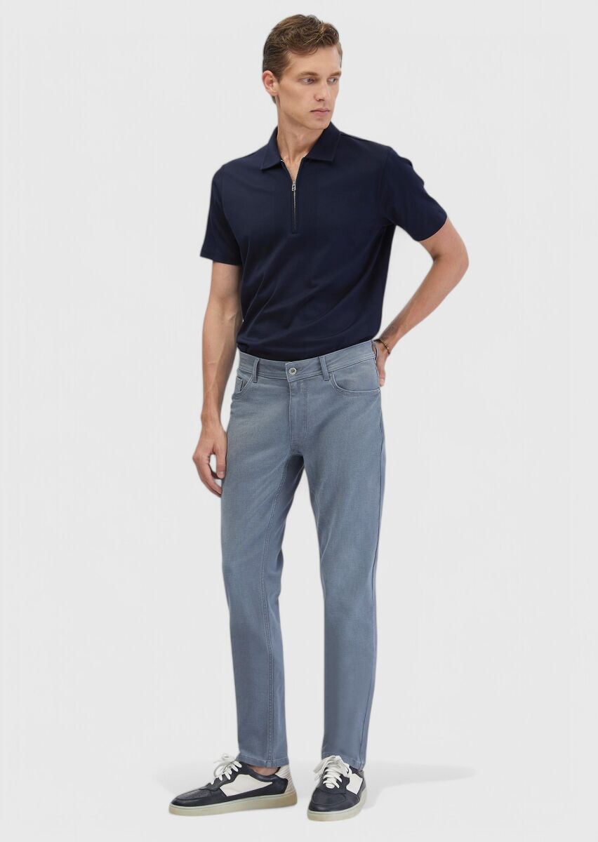 Blue Slim Fit Denim Cotton Blended Trousers - 1