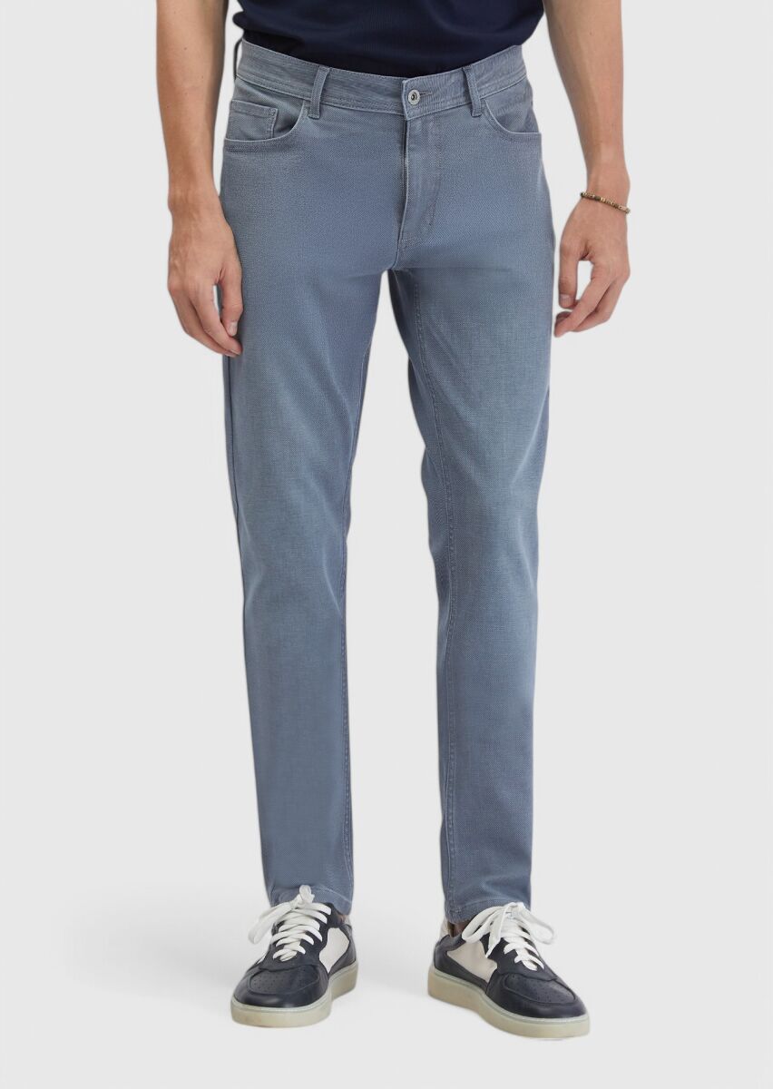 Blue Slim Fit Denim Cotton Blended Trousers - 2