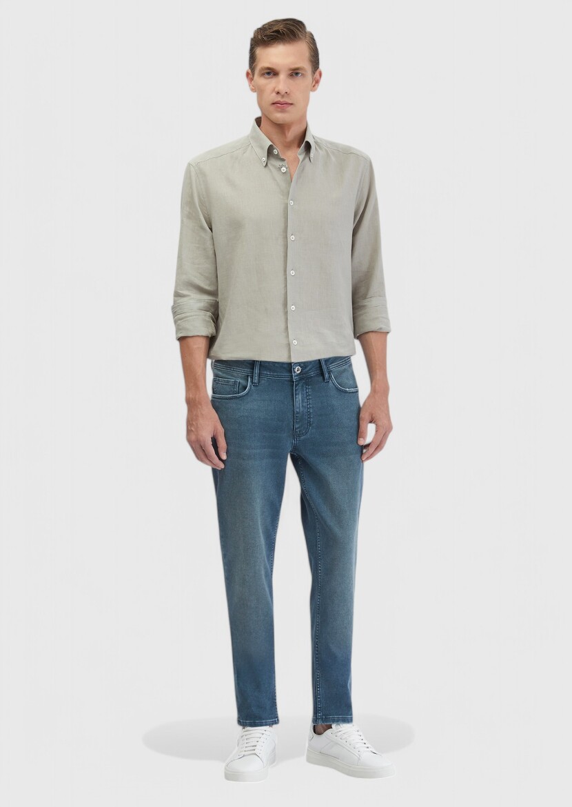 Blue Slim Fit Denim Cotton Blended Trousers - 1